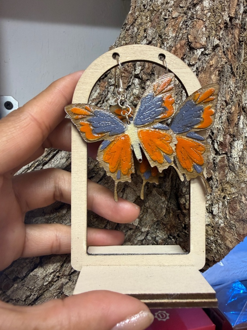 Hand-Painted Butterfly Wooden Earrings - Orange & Gray